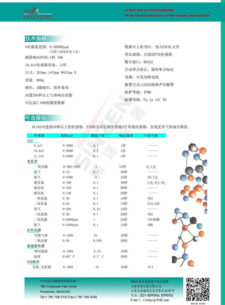 美國PID公司DL 102多功能便攜式VOCs分析儀PID-技術參數表